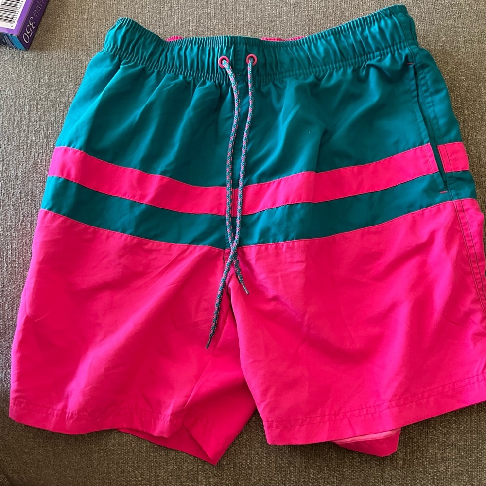George Pink and Bluish GreenSwim Trunks with Bold Color-Blocking